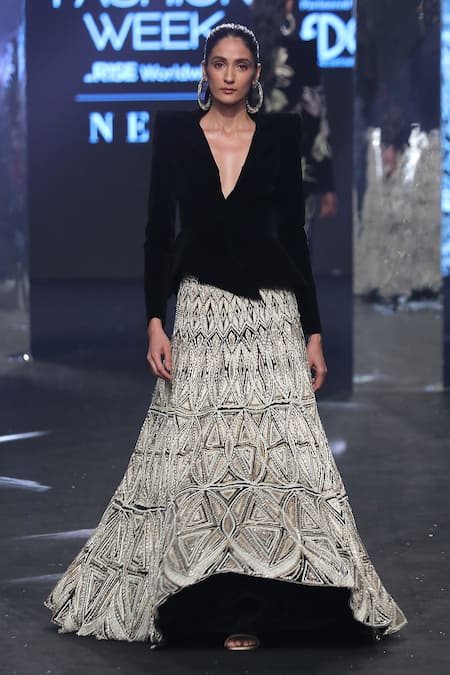 Shop Ritika Mirchandani Beige Net Embroidery Bead Elif Resham Geometric Lehenga And Blazer Set at Aza Fashions Shop_Ritika Mirchandani_Beige Net Embroidery Bead Elif Resham Geometric Lehenga And Blazer Set _at_Aza_Fashions