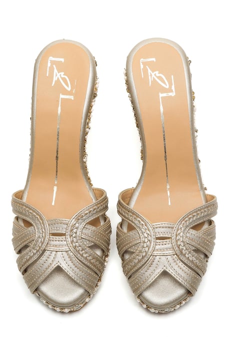 Nidhi Bhandari Gold Pearl Embroidered Wedges 