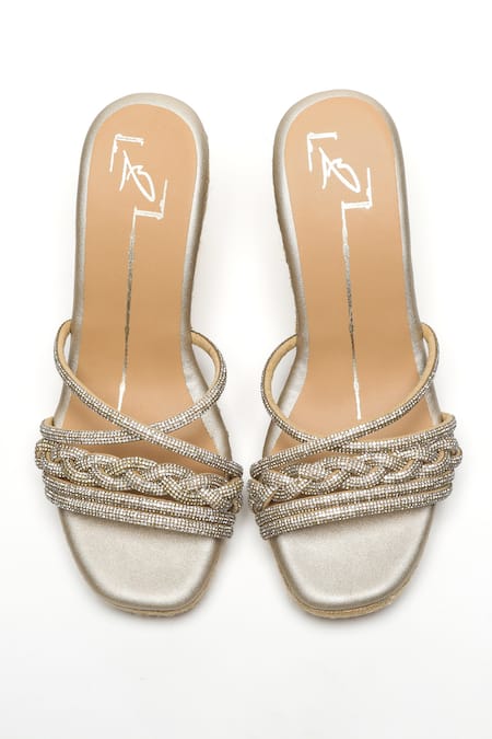 Shop_Nidhi Bhandari_Gold Smocking Embellished Swarovski Stone Wedges _at_Aza_Fashions