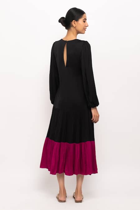 Shop_Neora By Nehal Chopra_Black Round Neck Gathered Dress _at_Aza_Fashions