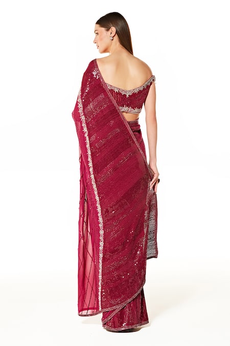 Rabani & Rakha Wine Georgette Sequins, Cut Work, Embroidery One Zaynab Saree With Off Blouse Online at Aza Fashions Rabani & Rakha_Wine Georgette Sequins, Cut Work, Embroidery One Zaynab Saree With Off Blouse _Online_at_Aza_Fashions