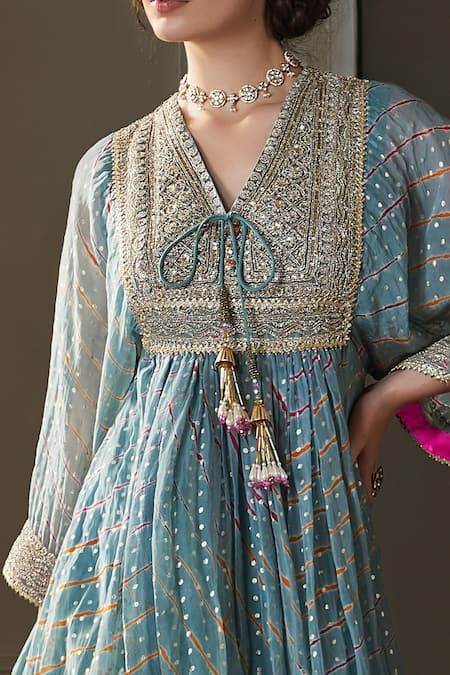 Kisneel By Pam Blue Embroidered Kaftan & Pant Set 