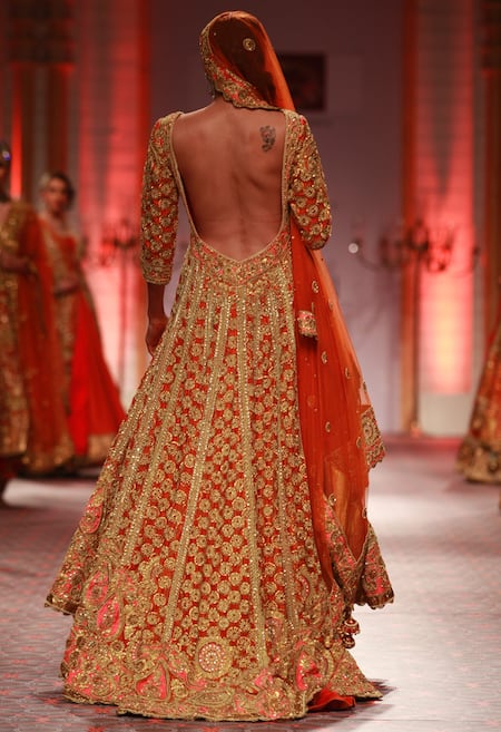 Shop_Preeti S Kapoor_Orange Anarkali, Lehenga Silk Dupatta Net Gota Work, Embroidered Set _at_Aza_Fashions