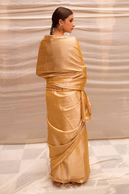 Priyanka Raajiv_Beige Chanderi Silk Sequin And Metallic Lace Border Bhuvaneshwari Saree _Online_at_Aza_Fashions