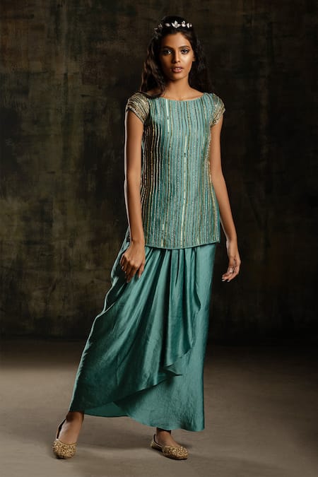 Shop Mona And Vishu Blue Draped Skirt Satin Linen, Kurta And Scarf Chanderi Silk Embroidered Set at Aza Fashions Shop_Mona And Vishu_Blue Draped Skirt Satin Linen, Kurta And Scarf Chanderi Silk Embroidered Set _at_Aza_Fashions