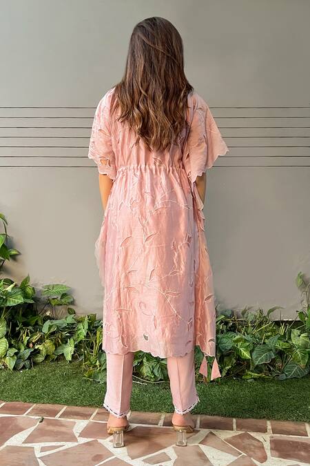 Shop_Ewaz_Pink Chanderi, Cotton Silk Floral V Neck Cutwork Kaftan And Pant Set _at_Aza_Fashions
