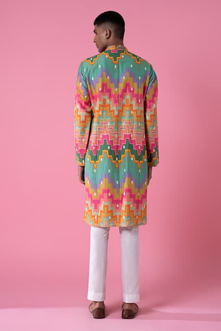 Shop Siddhartha Bansal Multi Color Cotton, Chanderi Cubic Chevron Print Kurta Set at Aza Fashions Shop_Siddhartha Bansal_Multi Color Cotton, Chanderi Cubic Chevron Print Kurta Set _at_Aza_Fashions