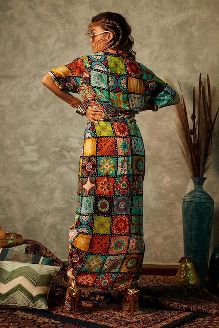 Shop_Esha L Amin_Multi Color Viscose Tiles Print Sarong Skirt _at_Aza_Fashions