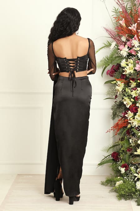 Shop_Saanjh By Lea_Black Silk Aalia Pleated Pre-stitched Saree _at_Aza_Fashions
