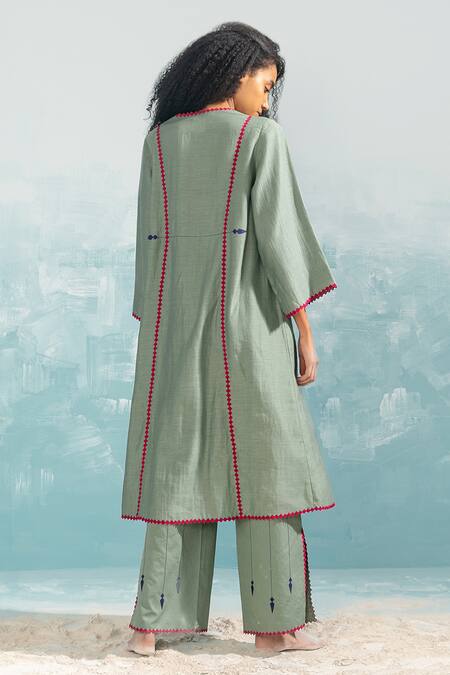 Shop Ikai By Ragini Ahuja Green Cotton, Silk, Chanderi Embroidery V-neck Nile Wrap Overlap Tunic at Aza Fashions Shop_Ikai By Ragini Ahuja_Green Cotton, Silk, Chanderi Embroidery V-neck Nile Wrap Overlap Tunic_at_Aza_Fashions