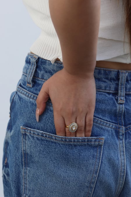 Shop Do Taara Green Metallic Thread Meenakari Ring at Aza Fashions Shop_Do Taara_Green Metallic Thread Meenakari Ring _at_Aza_Fashions