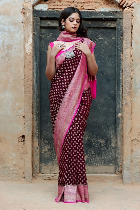 Shop_Naaritva India_Brown Handloom Cotton, Floral Handwoven Banarasi Saree With Running Blouse _at_Aza_Fashions
