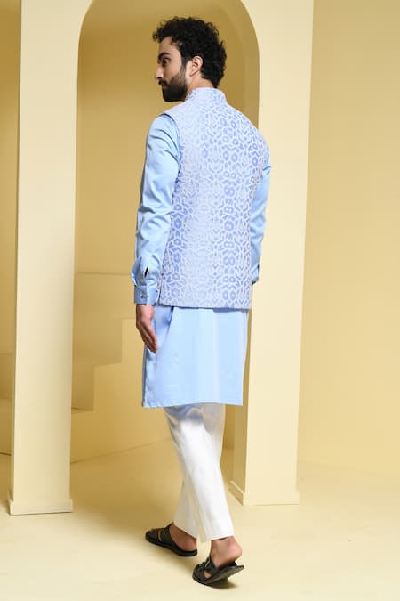 Shop Kustomeyes Blue Cotton, Silk Embroidery Geometric Bundi And Kurta Set at Aza Fashions Shop_Kustomeyes_Blue Cotton, Silk Embroidery Geometric Bundi And Kurta Set _at_Aza_Fashions