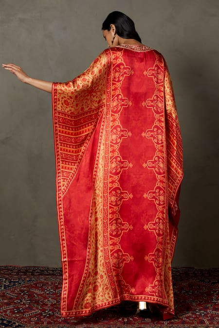 Shop RI.Ritu Kumar Red Silk Printed Geometric V Neck Villa Embroidered Kaftan at Aza Fashions Shop_RI.Ritu Kumar_Red Silk Printed Geometric V Neck Villa Embroidered Kaftan _at_Aza_Fashions