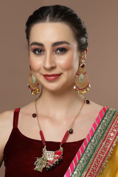 Shop Dugran By Dugristyle Pink Pearls, Stones Floral Pattern Chandbalis at Aza Fashions Shop_Dugran By Dugristyle_Pink Pearls, Stones Floral Pattern Chandbalis _at_Aza_Fashions