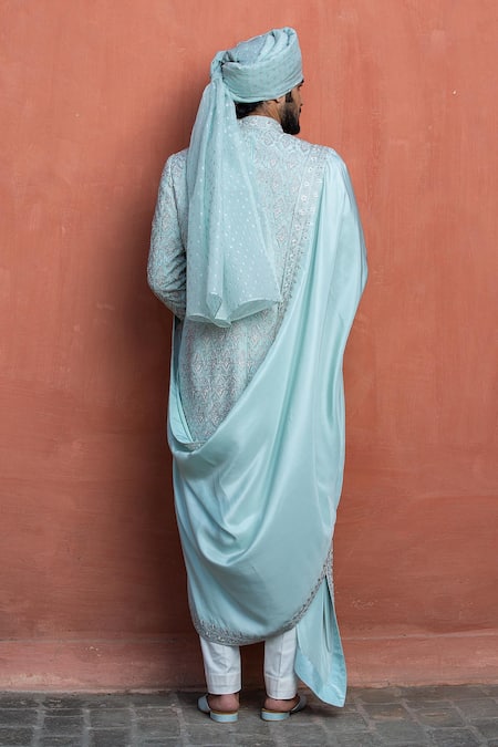 Shop_Nitika Gujral_Blue Achkan Dupion Silk Embroidered Dabka Flora Set _at_Aza_Fashions