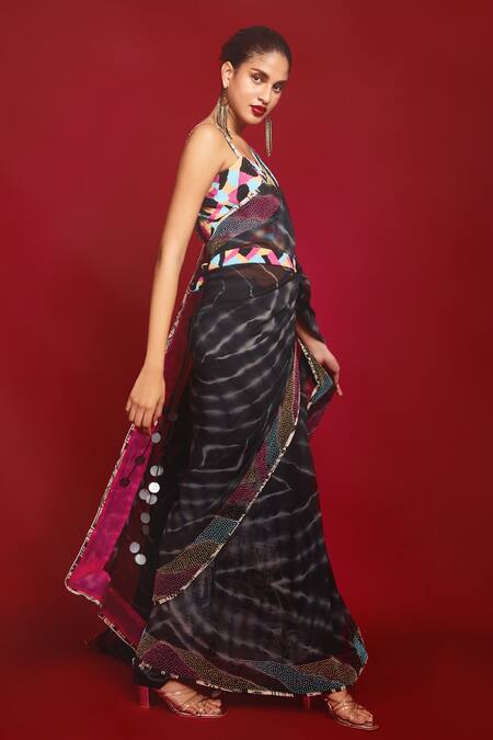 Shop_Nandita Thirani_Black Georgette Embroidery Beads Tie Dye Pattern Saree With Bralette  _at_Aza_Fashions