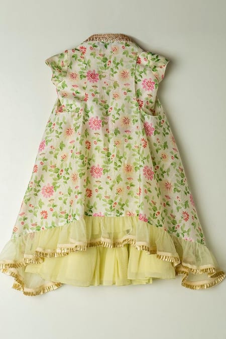 Shop_Shruti Jalan_Yellow Cotton, Chanderi, Crepe Embroidery Placket Cape And Skirt Set _at_Aza_Fashions