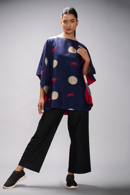 Shop Taika By Poonam Bhagat Blue Silk Embroidery Round Neck Printed And Poncho at Aza Fashions Shop_Taika By Poonam Bhagat_Blue Silk Embroidery Round Neck Printed And Poncho _at_Aza_Fashions