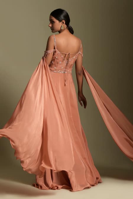 Shop Two Sisters By Gyans Peach Crepe, Georgette Sequins, Embroidery Sweetheart Neck Bodice Anarkali at Aza Fashions Shop_Two Sisters By Gyans_Peach Crepe, Georgette Sequins, Embroidery Sweetheart Neck Bodice Anarkali _at_Aza_Fashions