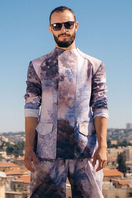 Shop_Sahil Kochhar_Blue Raw Silk Print Jungle Prakrit Jacket  _at_Aza_Fashions