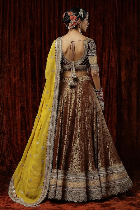 Shop Shikhar Sharma Maroon Lehenga Brocade Embroidered Gota Paan Shaped Floral Pattern Bridal Set at Aza Fashions Shop_Shikhar Sharma_Maroon Lehenga Brocade Embroidered Gota Paan Shaped Floral Pattern Bridal Set _at_Aza_Fashions