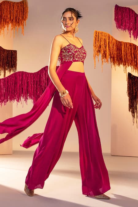 Silky Bindra Flower Embroidered Blouse With Pant 