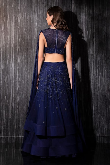 Shop_SHILPI GUPTA_Blue Net Beads Round Neck Cape Sleeved Blouse And Lehenga Set _at_Aza_Fashions