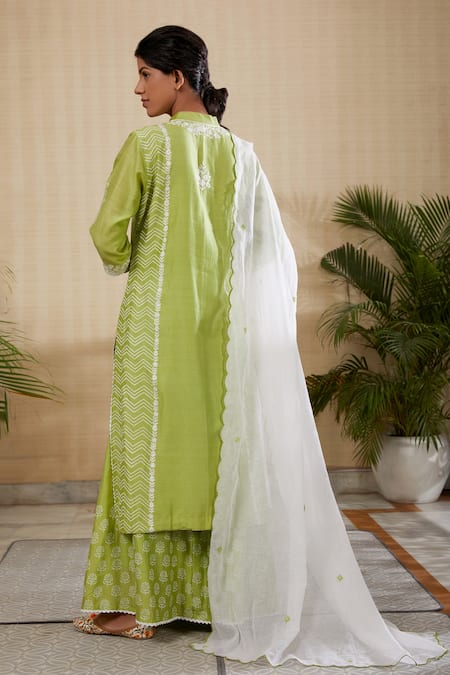 Shop Kefi Collections Green Silk, Kota Doria Embroidery, Cut Work Gulmohar Printed Kurta Sharara Set at Aza Fashions Shop_Kefi Collections_Green Silk, Kota Doria Embroidery, Cut Work Gulmohar Printed Kurta Sharara Set_at_Aza_Fashions