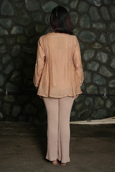 Pants And Pajamas Origami Beige Chikankari Top 