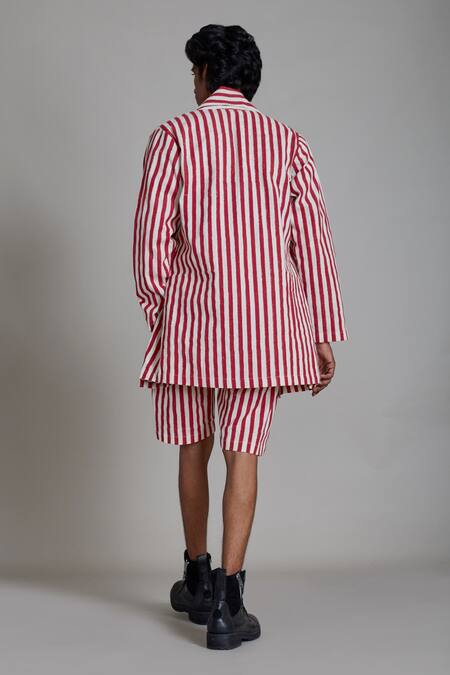 Shop MATI Off White 100% Cotton Striped Jacket And Shorts Set at Aza Fashions Shop_MATI_Off White 100% Cotton Striped Jacket And Shorts Set_at_Aza_Fashions