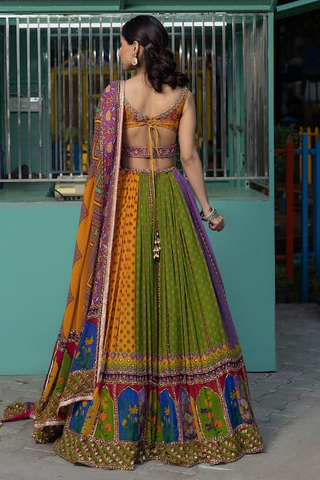 Shop Irrau By Samir Mantri Multi Color Georgette, Net Sequins, Cut Work, Mughal Print Panelled Lehenga Set at Aza Fashions Shop_Irrau By Samir Mantri_Multi Color Georgette, Net Sequins, Cut Work, Mughal Print Panelled Lehenga Set _at_Aza_Fashions