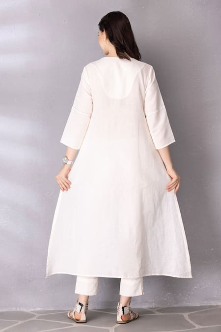 Shop Tanu Malhotra White Cotton, Linen Embroidery Collared Straight High Low Tunic With Pant at Aza Fashions Shop_Tanu Malhotra_White Cotton, Linen Embroidery Collared Straight High Low Tunic With Pant _at_Aza_Fashions
