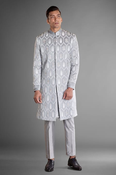 Shop More Mischief Grey Silk, Linen Embroidery Glacier Floral Sherwani at Aza Fashions Shop_More Mischief_Grey Silk, Linen Embroidery Glacier Floral Sherwani_at_Aza_Fashions