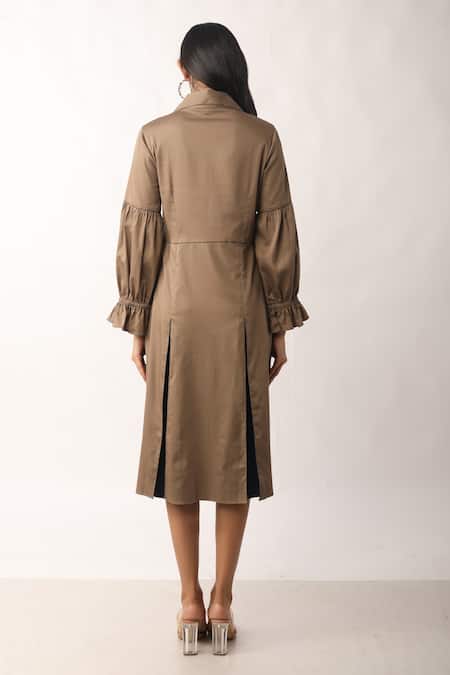 Shop_Veera Wear_Beige Cotton Plain Lapel Collar Kelly Dress  _at_Aza_Fashions