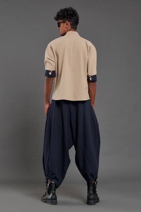 Shop MATI Beige 100% Cotton Plain Overlap Shirt And Baggy Pant Set at Aza Fashions Shop_MATI_Beige 100% Cotton Plain Overlap Shirt And Baggy Pant Set_at_Aza_Fashions
