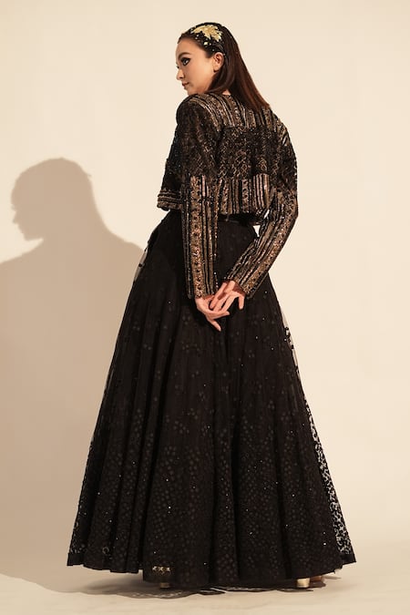 Shop_Nikita Mhaisalkar_Black Tulle Embroidery Collared Embellished Jacket _at_Aza_Fashions