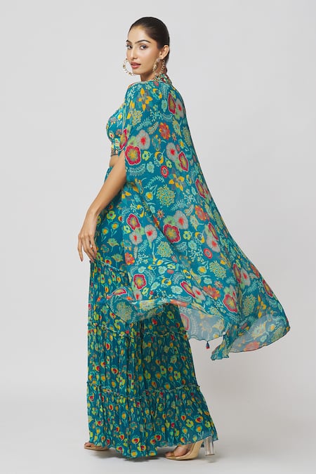 Shop_DiyaRajvvir_Blue Georgette Embroidery, Sequins Scoop Neck Printed Cape And Gharara Set _at_Aza_Fashions