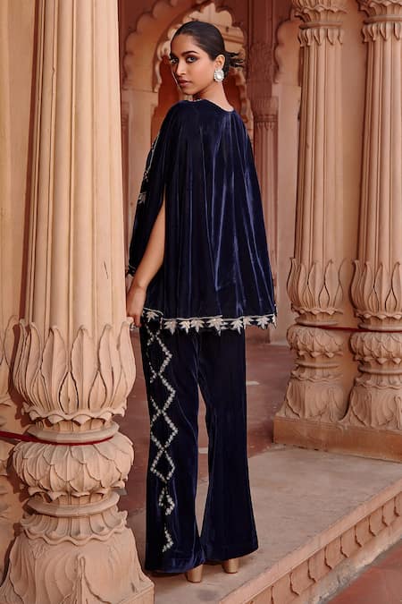 Shop Ajiesh Oberoi Blue Velvet Embroidery Cape And Flared Pant Set at Aza Fashions Shop_Ajiesh Oberoi_Blue Velvet Embroidery Cape And Flared Pant Set _at_Aza_Fashions