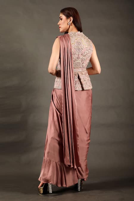 Shop_Omana By Ranjana Bothra_Pink Satin, Organza Embroidery Round Neck Dhoti Saree With Nehru Jacket _at_Aza_Fashions