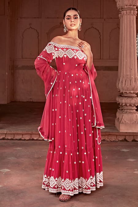 Shop Preevin Fuchsia Cotton, Tulle, Net Lace, Mirrors One Shoulder Off Anarkali With Dupatta at Aza Fashions Shop_Preevin_Fuchsia Cotton, Tulle, Net Lace, Mirrors One Shoulder Off Anarkali With Dupatta _at_Aza_Fashions