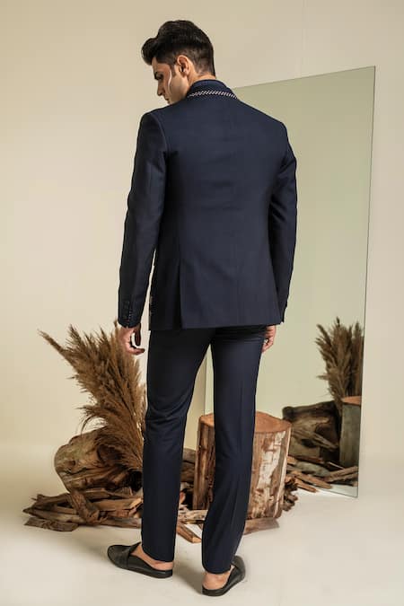 Shop Abkasa Blue Terry Rayon Embroidery Anchor Thread Apple Coat And Trouser Set at Aza Fashions Shop_Abkasa_Blue Terry Rayon Embroidery Anchor Thread Apple Coat And Trouser Set _at_Aza_Fashions