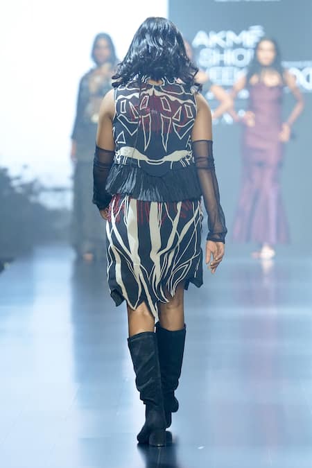 Shop Rina Dhaka Black Silk, Georgette, Viscose Beads High Neck Fall Print Peplum Top And Skirt Set at Aza Fashions Shop_Rina Dhaka_Black Silk, Georgette, Viscose Beads High Neck Fall Print Peplum Top And Skirt Set _at_Aza_Fashions