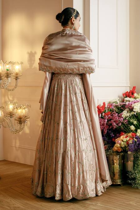 Shop_Nehha Nhata_Beige Silk Embroidery Square Neck Hand Bridal Lehenga Set _at_Aza_Fashions