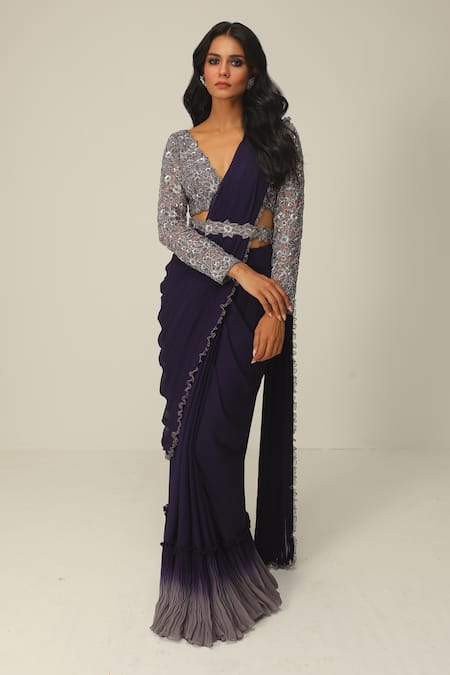 Rishi And Soujit Ombre Embroidered Pre-Draped Saree Set 
