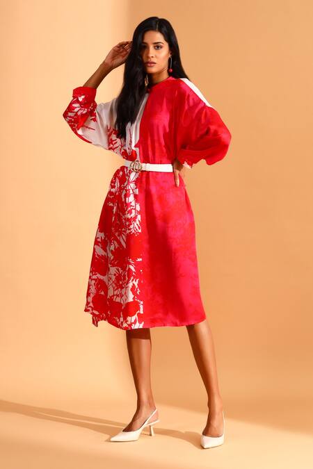 Shop_Moh India_Magenta Cupro Printed Floral Round High Neck Colorblock Tunic _at_Aza_Fashions