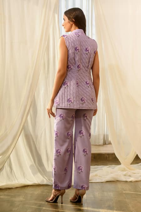 Shop_Pasha India_Purple Linen V-neck Floral Pattern Jacket And Pant Set _at_Aza_Fashions