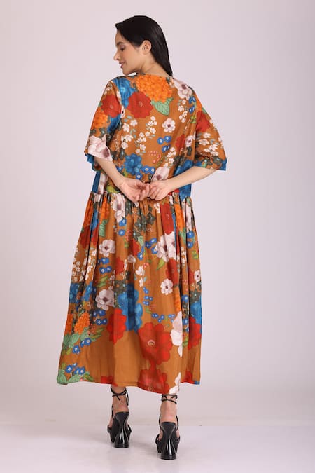 Alpona Designs By Soham Acharya Floral Print V Neck Dress 