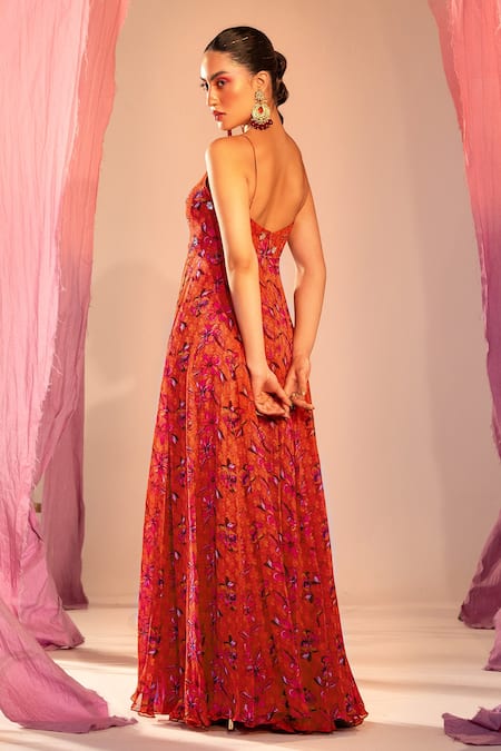 Shop_Silky Bindra_Orange Georgette, Satin Thigh Slit Floral Print Anarkali With Dupatta _at_Aza_Fashions