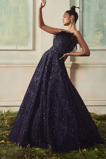 Shivani Awasty_Blue Net Crystals Sweetheart Neck Anna Feather Gown _Online_at_Aza_Fashions